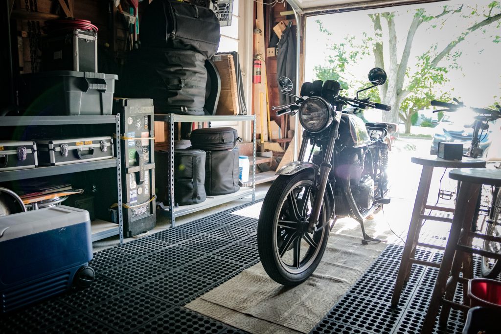 Motorcycle parked in garage storage